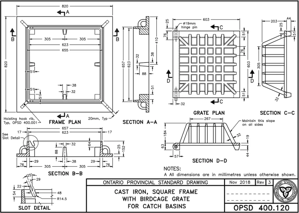 OPSD standard drawing for a cast iron square frame with birdcage grate, the catch basin type specified for every ditch on the contract