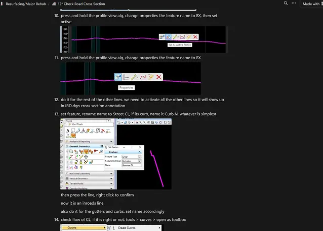 Notion wiki page titled 12° Check Road Cross Section, a step-by-step drafting tutorial