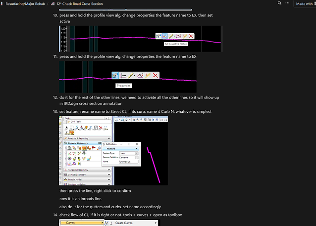 Notion wiki page titled 12° Check Road Cross Section, a step-by-step drafting tutorial