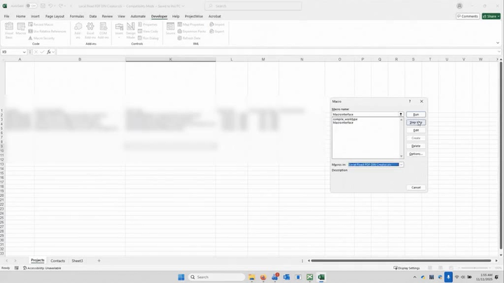 Excel workbook running the Local Road PDF DIN Creator macro, with the macro dialog open over the Projects sheet