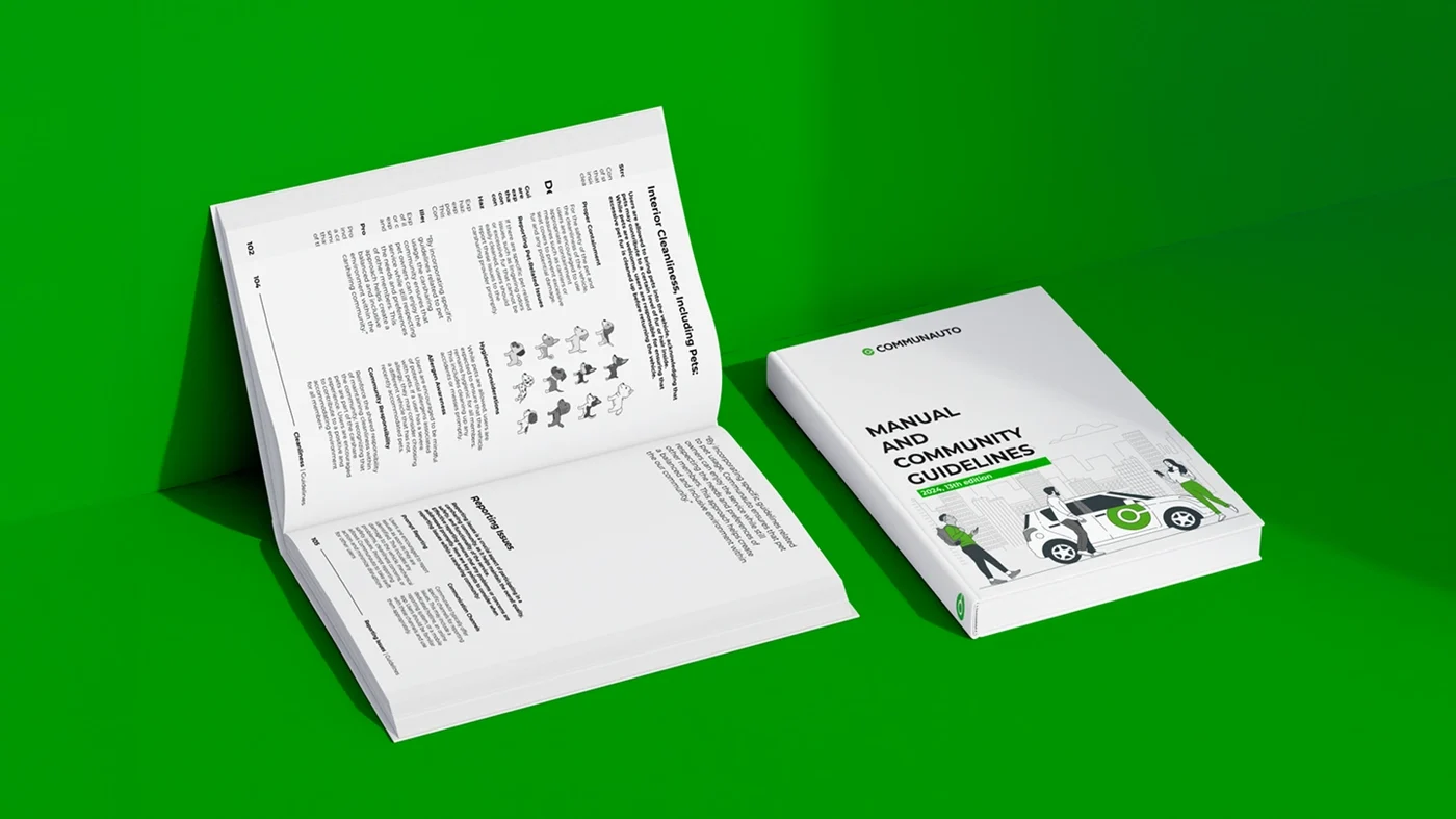 Mockup of the rebuilt Communauto brand guidelines book, laid open on a green background, next to the closed cover