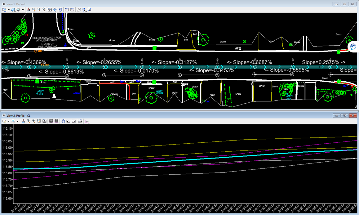 CAD software screenshot showing an aerial road cross-section design view with a corresponding profile chart of longitudinal slope percentages