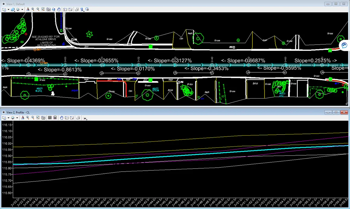 CAD software screenshot showing an aerial road cross-section design view with a corresponding profile chart of longitudinal slope percentages