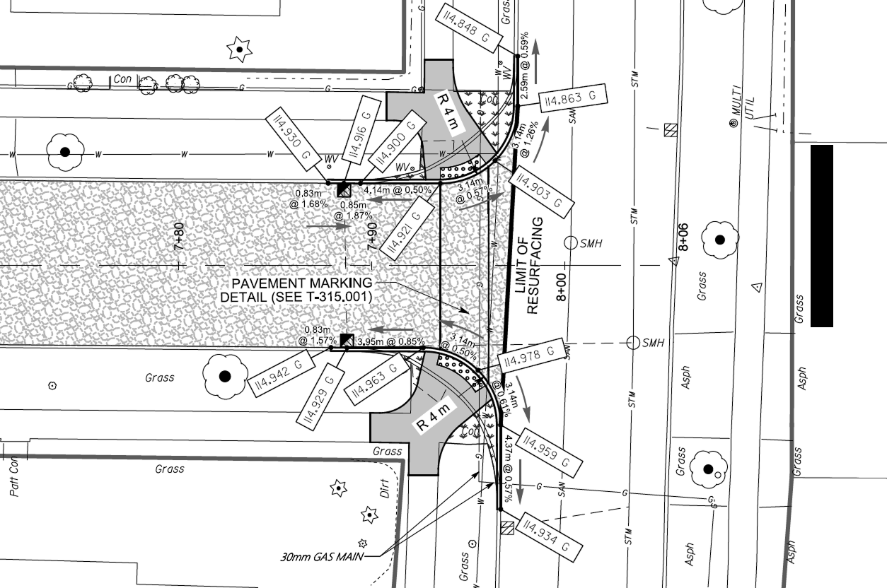 Engineering drawing detail of a curb and gutter design at an intersection, with elevation call-outs and a note marking a 30 mm gas main