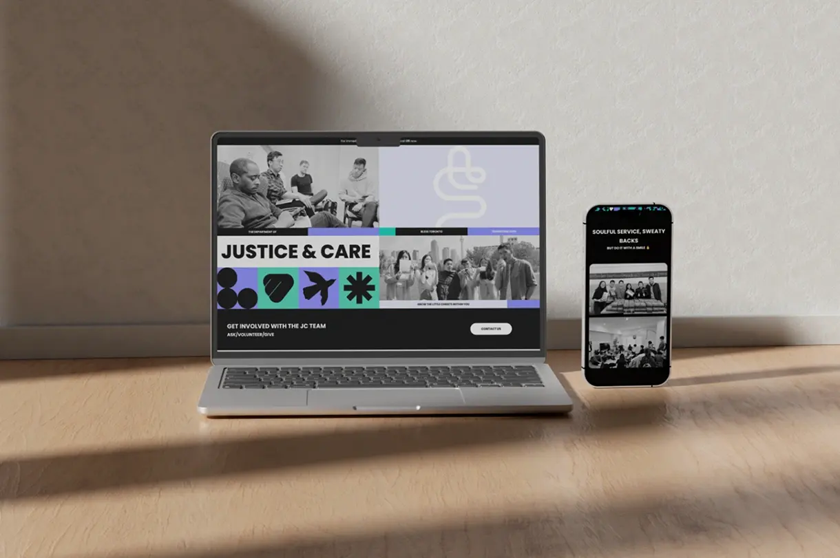 Laptop and phone mockup of the Justice & Care website, black-and-white photography with purple and teal accent blocks