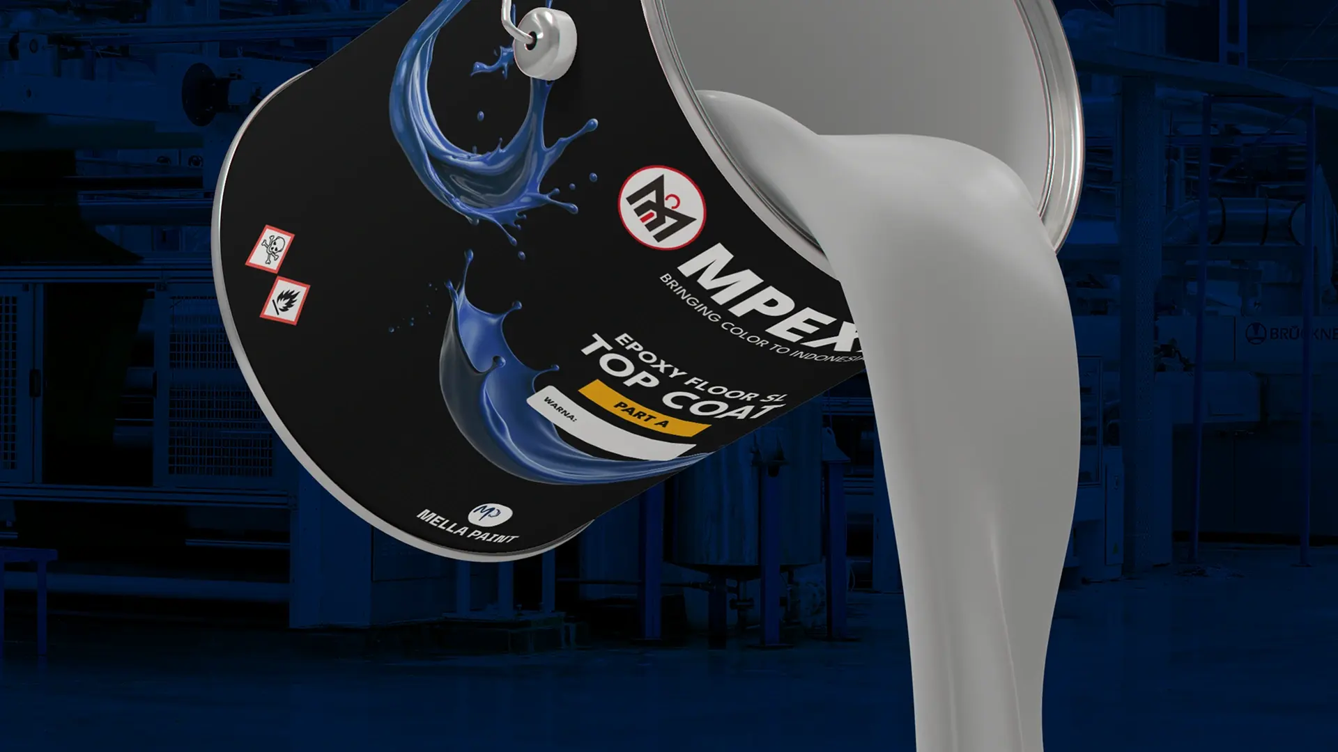 MPEX767 epoxy floor coating paint can mid-pour, silver paint splashing against a dark navy background