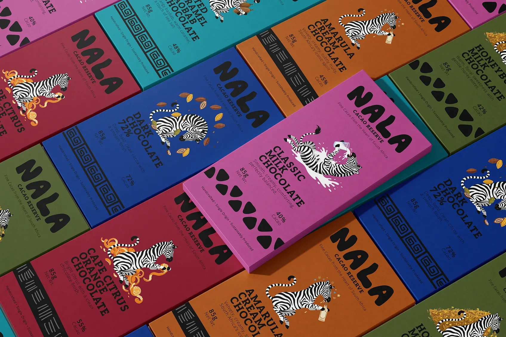 Full NALA chocolate bar flavor range fanned out diagonally: Classic Milk, Dark Chocolate, Cape Citrus Orange, Amarula Cream, Honeybush Milk, and Caramel Chobab Chocolate