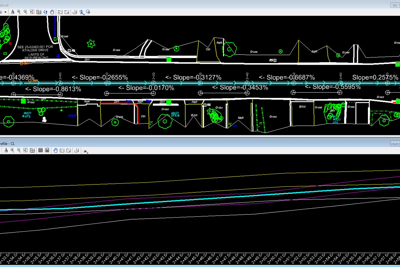 MicroStation cross-section and profile view referencing one of the contract's resurfacing limits, with slope percentages marked