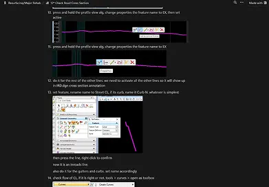 Notion wiki page walking through how to check a road cross section in MicroStation