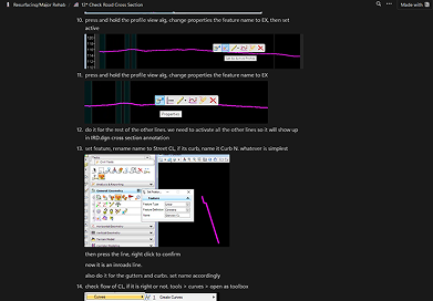 Notion wiki page walking through how to check a road cross section in MicroStation