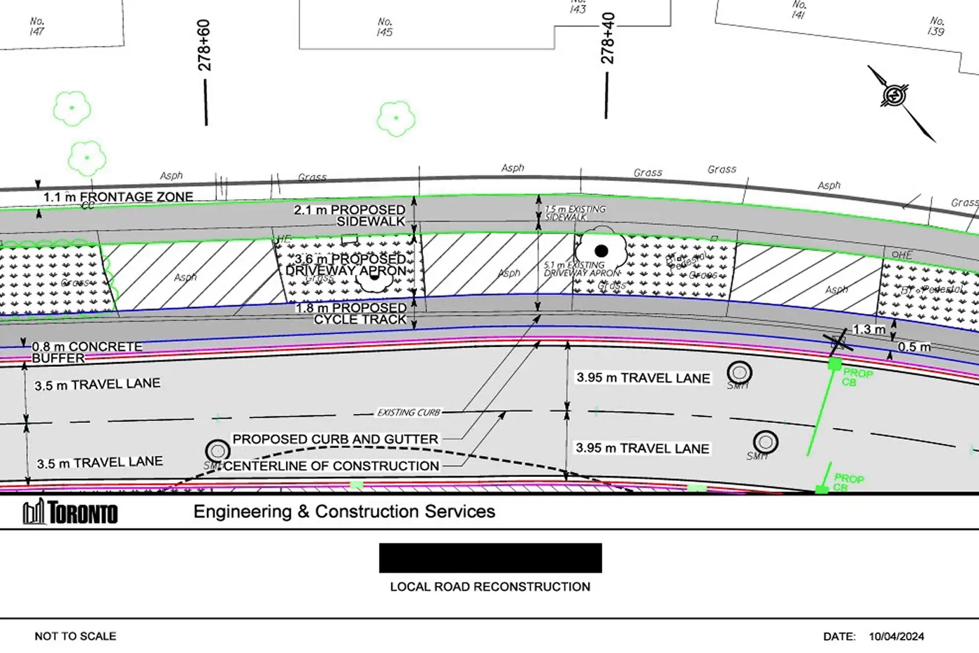 Design plan showing proposed concrete curb and gutter with turning radii, marked to remove existing bollards and posts