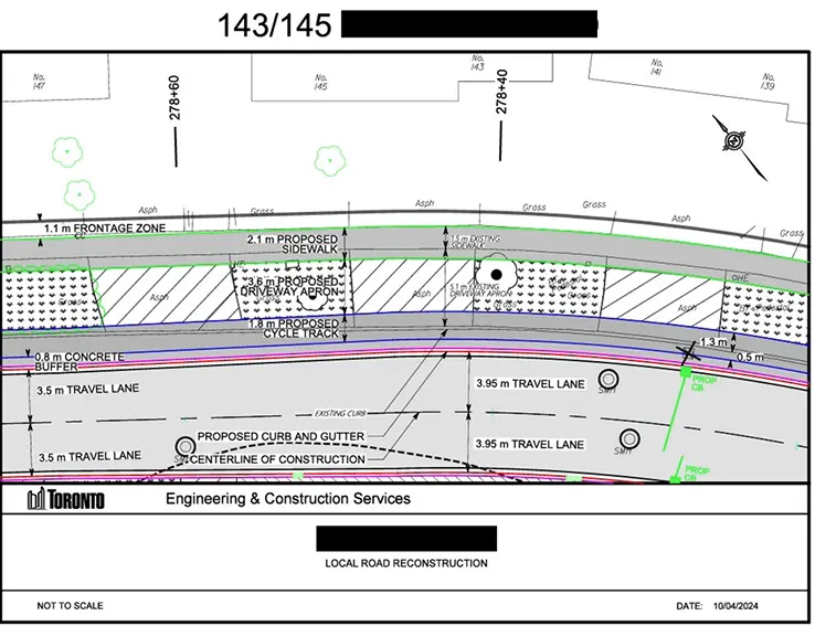 Consolidated drawing sheet 128/130 showing a proposed cycle track, buffer, sidewalk, and driveway apron, City of Toronto Engineering & Construction Services title block