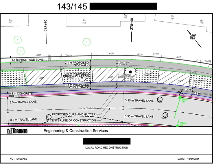 Consolidated drawing sheet 135/137 showing proposed sidewalk, driveway apron, and cycle track dimensions along the same road