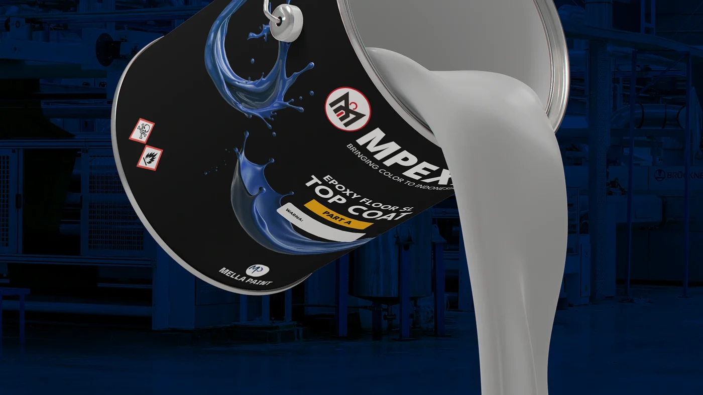 MPEX767 epoxy floor coating paint can mid-pour, silver paint splashing against a dark navy background
