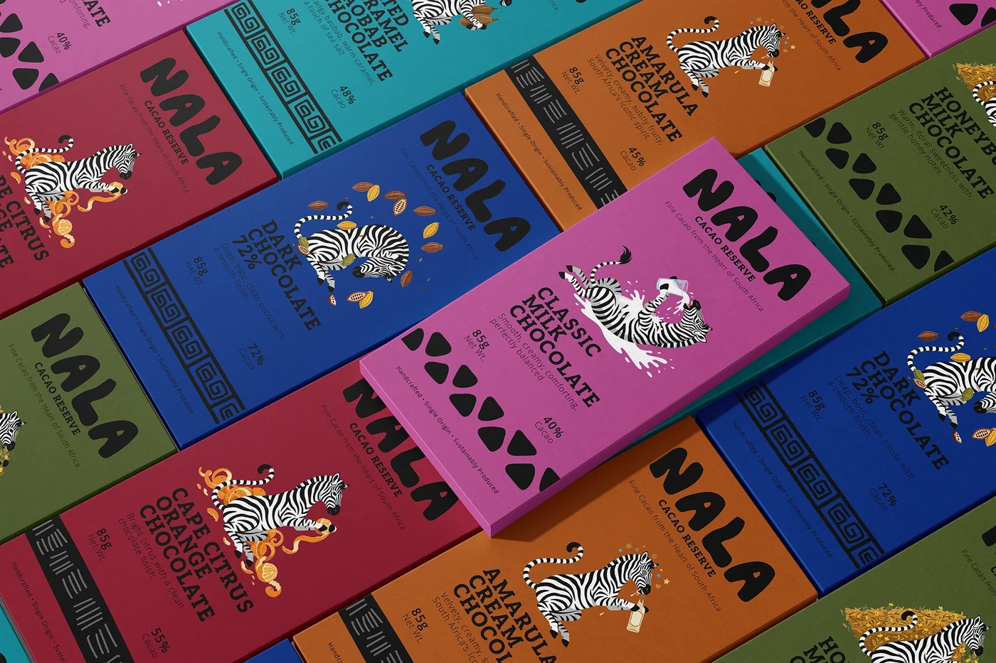 Full NALA chocolate bar flavor range fanned out diagonally: Classic Milk, Dark Chocolate, Cape Citrus Orange, Amarula Cream, Honeybush Milk, and Caramel Chobab Chocolate