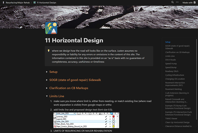 Screenshot of a Notion wiki page titled 11 Horizontal Design, with a sidebar of design topics and a disclaimer callout at the top