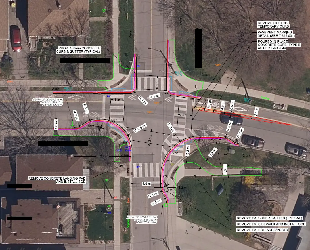 Annotated aerial plan of an intersection redesign showing proposed concrete curb and gutter, turning radii, and pavement marking call-outs