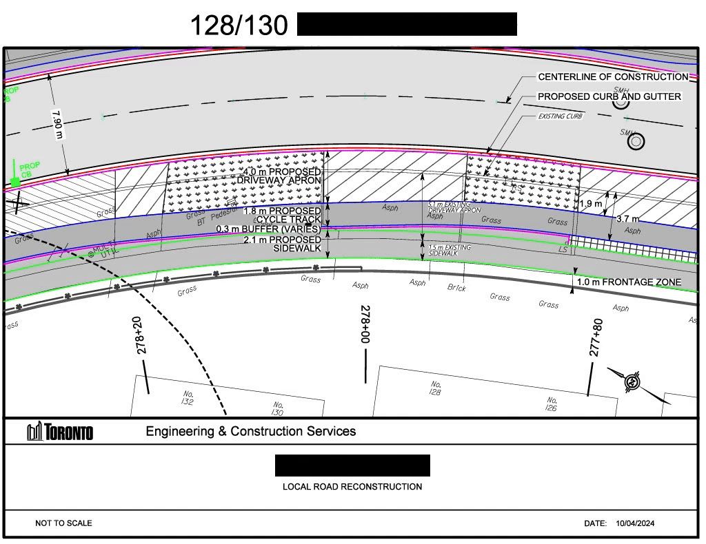 City of Toronto engineering drawing sheet showing a proposed cycle track, buffer, sidewalk, and driveway apron along a curving road, with a redacted street name in the title block