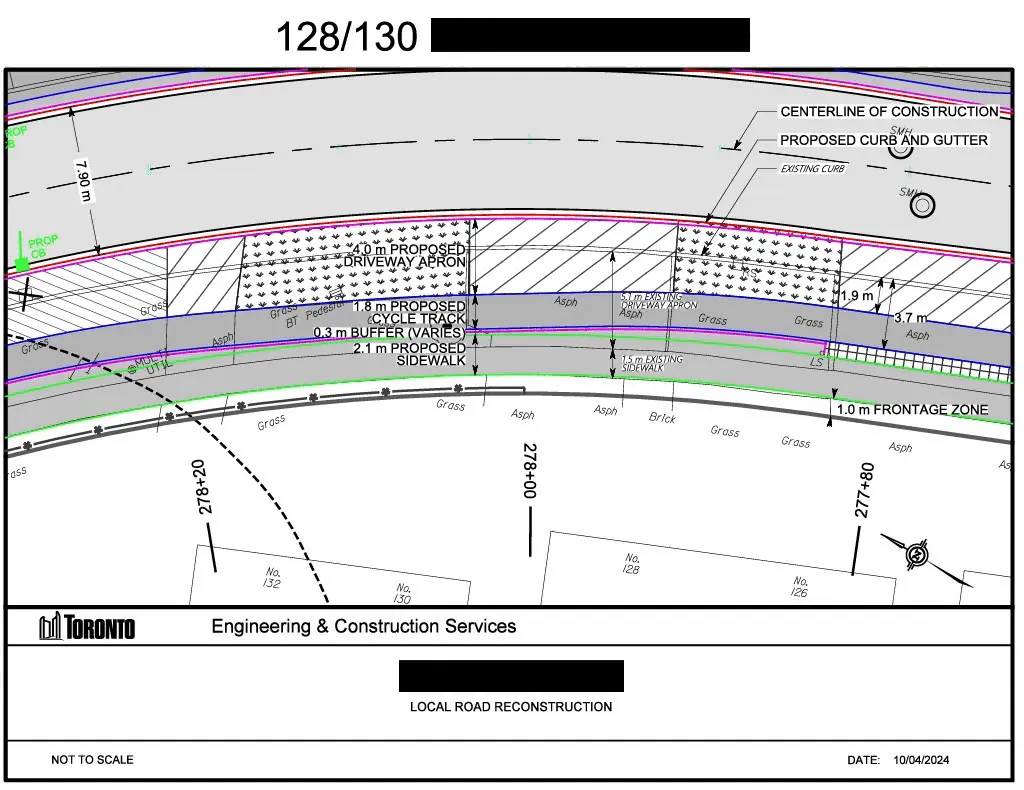 City of Toronto engineering drawing sheet showing a proposed cycle track, buffer, sidewalk, and driveway apron along a curving road, with a redacted street name in the title block