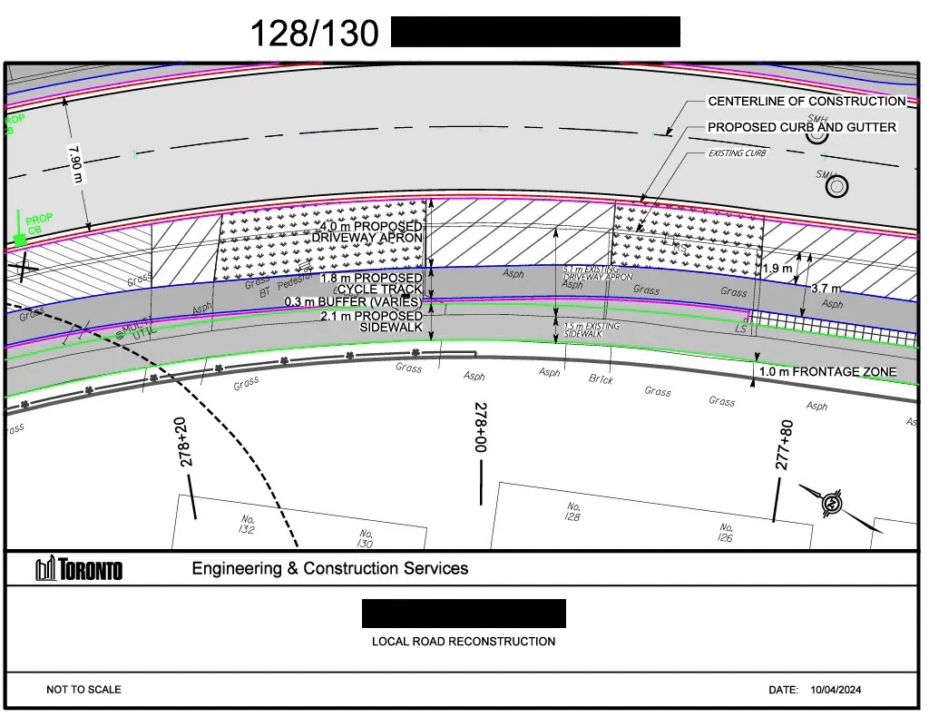 City of Toronto engineering drawing sheet showing a proposed cycle track, buffer, sidewalk, and driveway apron along a curving road, with a redacted street name in the title block