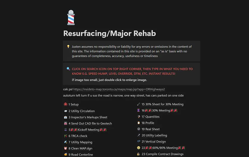 Notion wiki page titled Resurfacing/Major Rehab, with a disclaimer callout and a search tip for finding topics fast