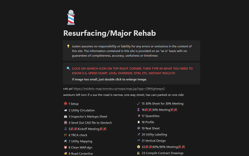 Notion wiki page titled Resurfacing/Major Rehab, with a disclaimer callout and a search tip for finding topics fast