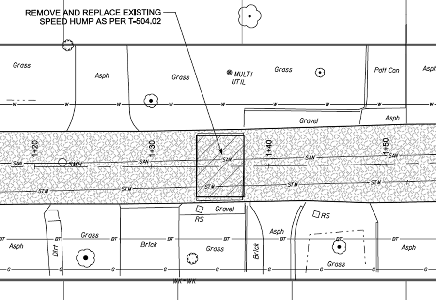 Plan view of a road segment showing an existing speed hump to be removed and replaced.