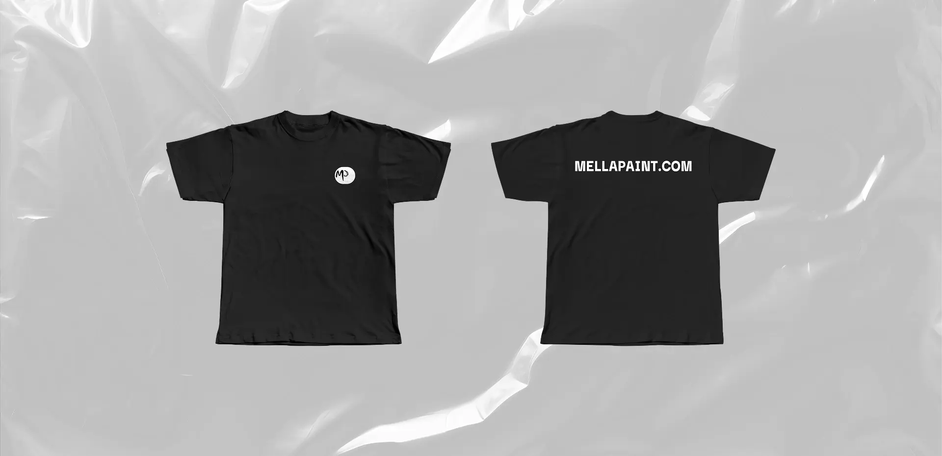 Black Mella Paint branded t-shirt mockup, front and back, wrapped in plastic packaging