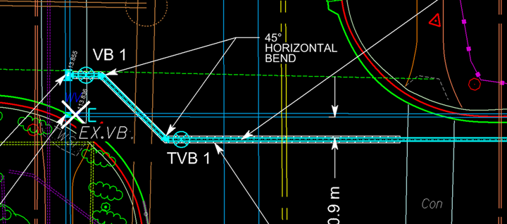 Engineering plan view of a water pipeline showing a 45° horizontal bend connecting valve box VB 1 to thrust valve box TVB 1, near an existing valve box (EX.VB), with a 0.9 m offset dimension marked