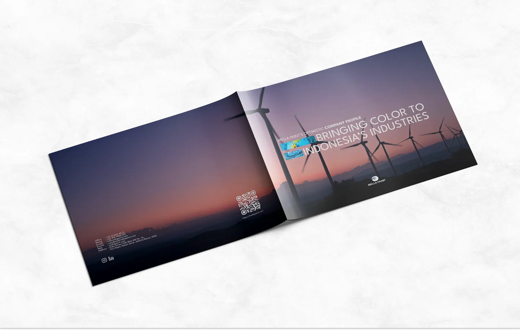Company profile cover reading Bringing Color to Indonesia's Industries over a photo of wind turbines at sunset
