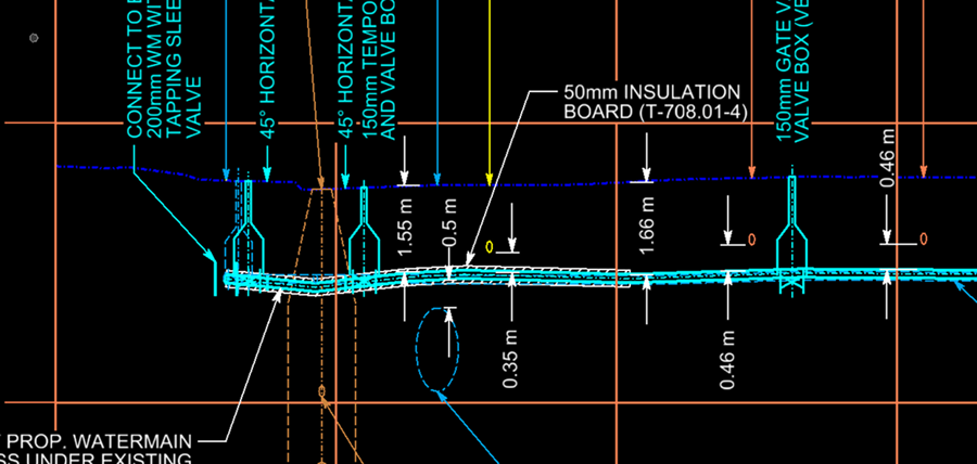 Profile view of a proposed watermain connecting to an existing main via a tapping sleeve and valve, with horizontal bends and valve boxes along the route.