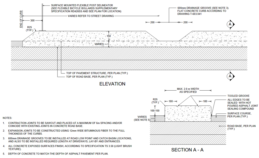 Elevation and section detail of a concrete curb design.