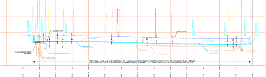 Profile view of a proposed PVC watermain, showing depths, crossings with existing utilities, and thrust restraint notes