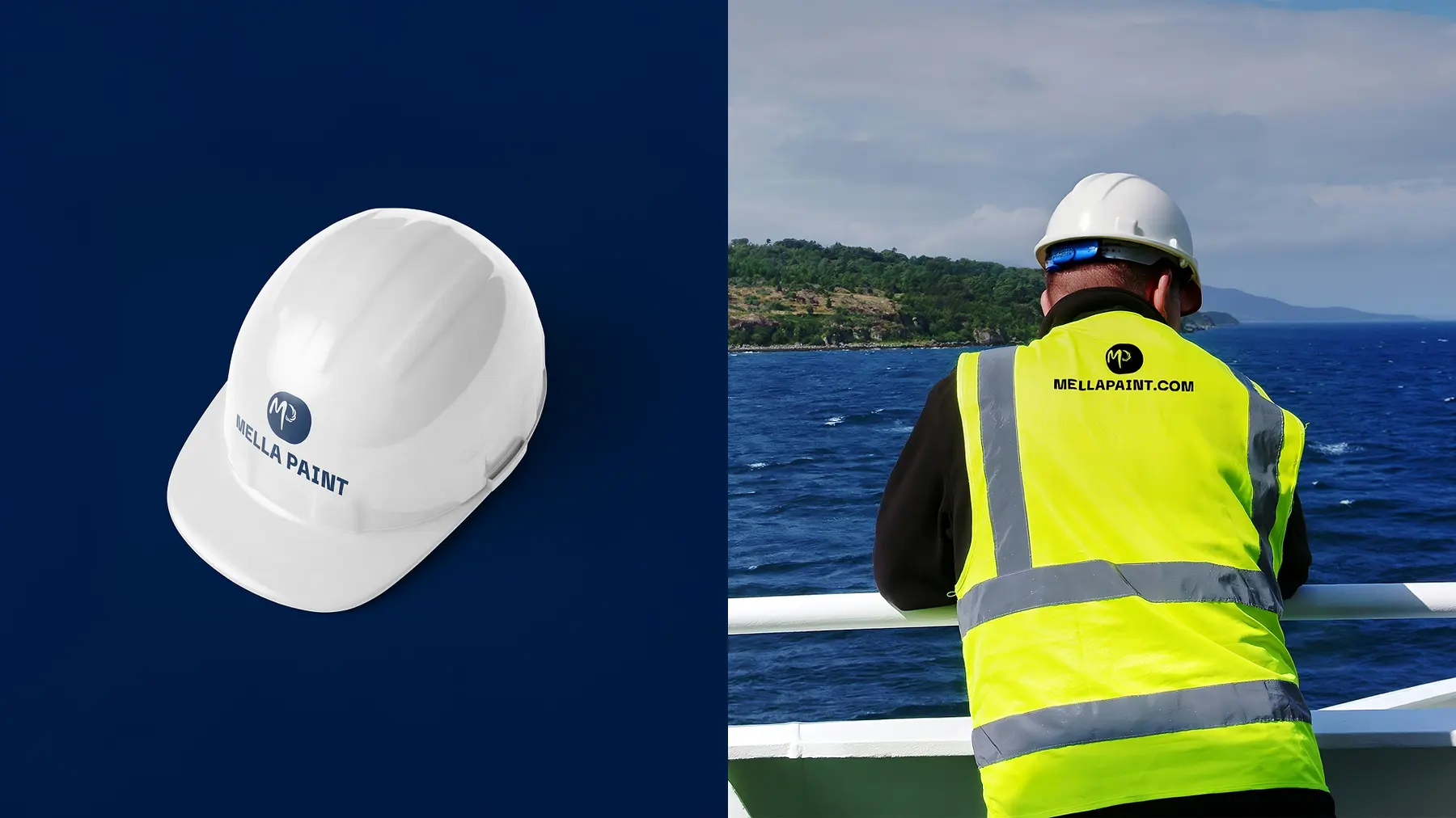 Split image of a white hard hat branded with the Mella Paint logo, and a worker in a Mella Paint high-visibility vest looking out over water