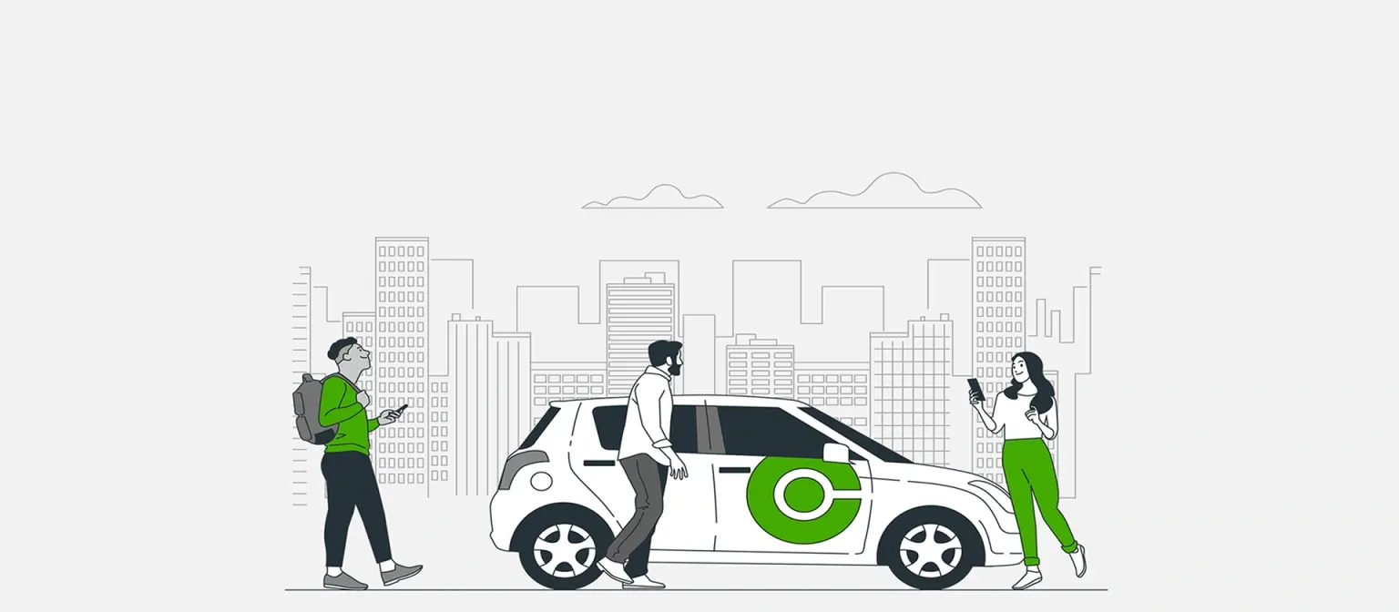 Flat illustration of two people examining a Communauto car on a city street, skyline in the background