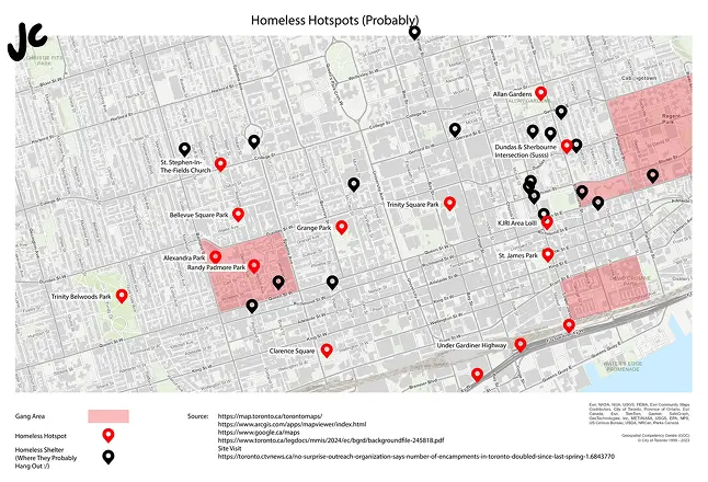 Map marking homeless hotspots alongside nearby libraries, shelters, and cooling centres for Justice & Care's outreach planning