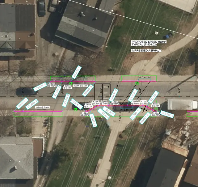 Design plan calling out a proposed speed hump finished in impressed asphalt at the Park A trail crossing