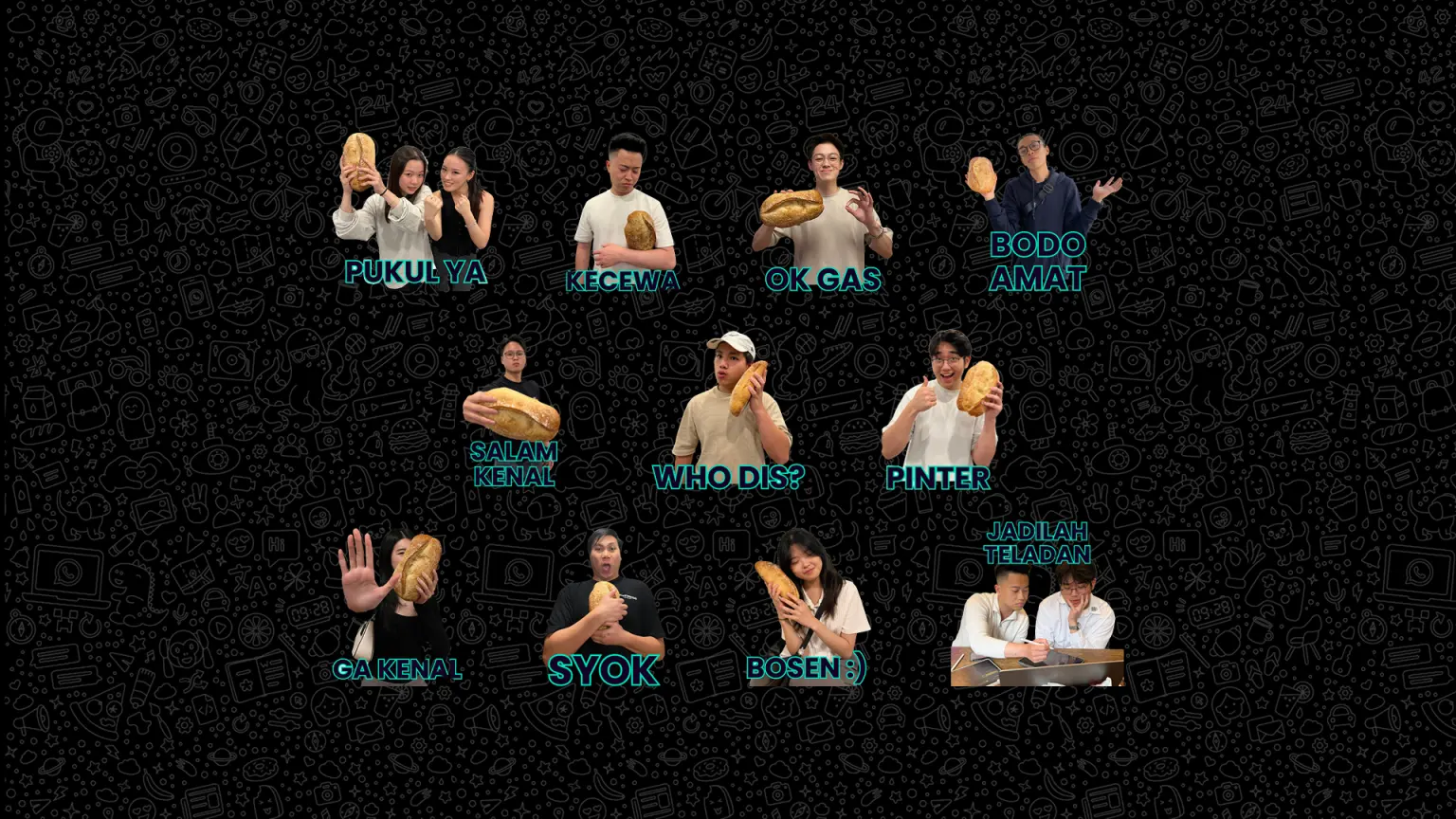 A grid of WhatsApp sticker photos of the Cool Manna team each holding a loaf of bread, captioned with Indonesian slang like Pukul Ya, Bodo Amat, and Syok