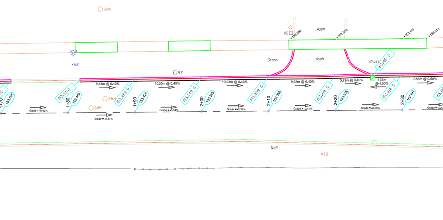 Grading plan of a straight road segment with driveway aprons.
