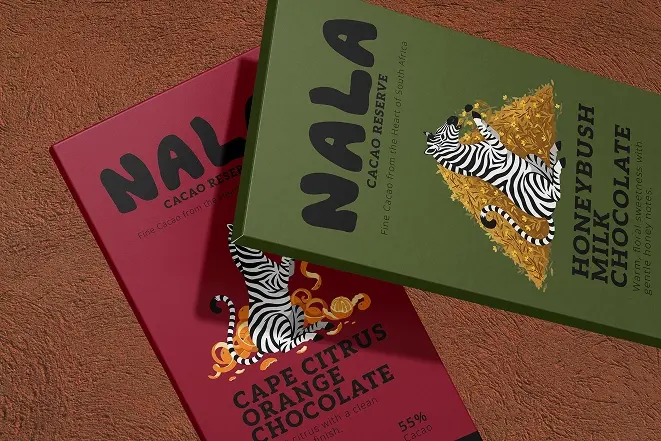 Honeybush Milk Chocolate and Cape Citrus Orange Chocolate NALA bars on a terracotta surface