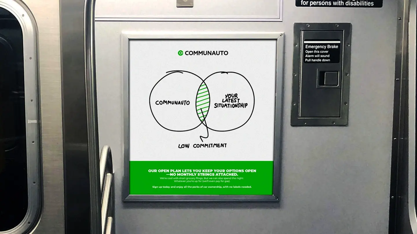 Elevator digital ad for Communauto contrasting car ownership costs against a Communauto membership in a Venn diagram, styled Low Commitment