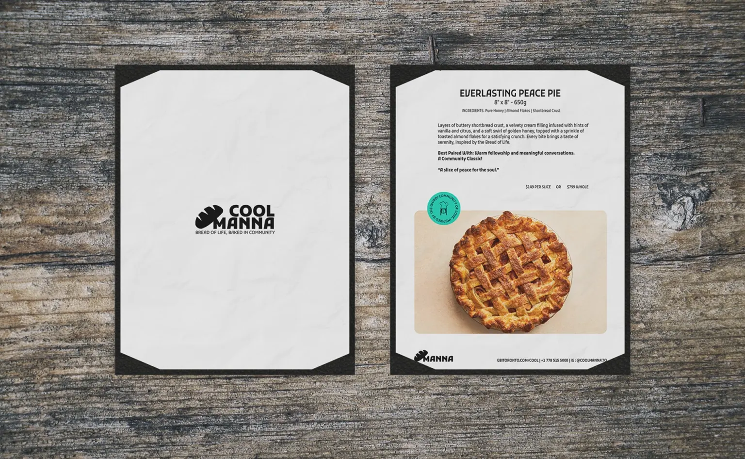 Cool Manna menu card mockups on a wood table, a blank card and the Everlasting Peace Pie card