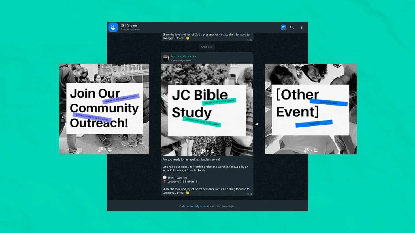 Instagram feed mockup showing three Justice & Care outreach posts: Join Our Community Outreach, JC Bible Study, and a community event announcement