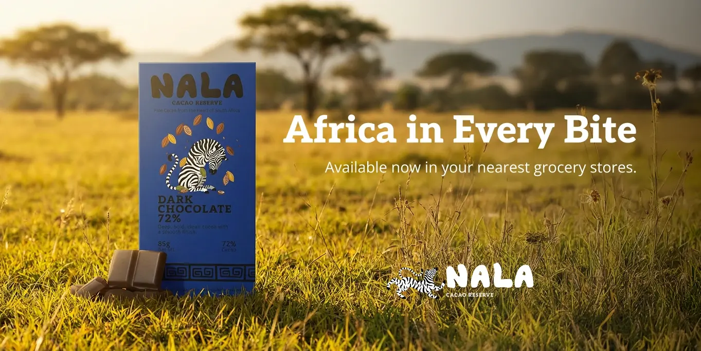 Africa in Every Bite billboard ad for NALA over a grassy field at golden hour, chocolate bar in foreground