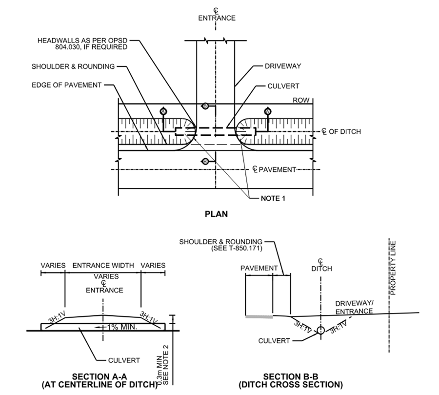 Plan and section details of a driveway entrance culvert crossing a roadside ditch.
