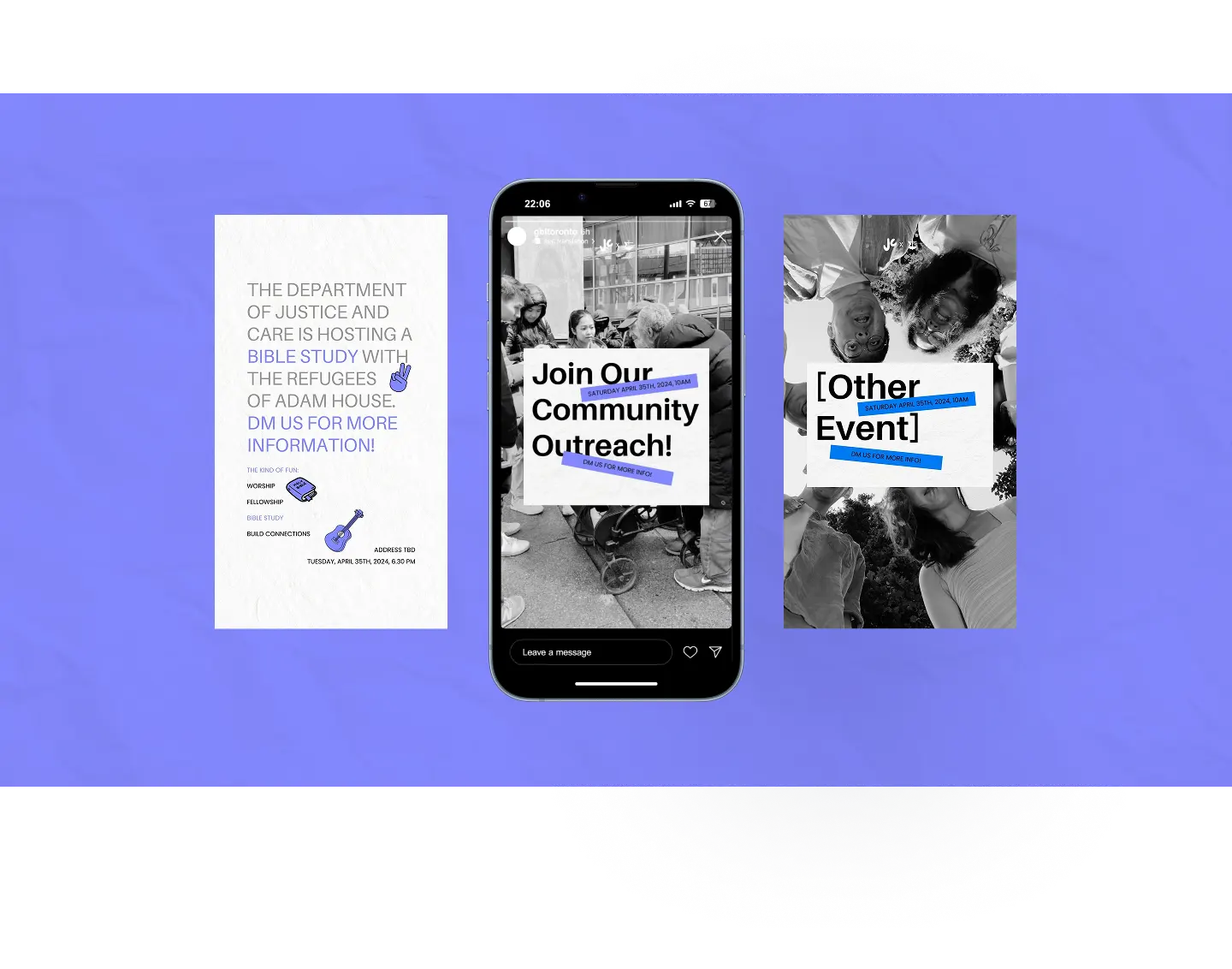 Instagram outreach flyers for Justice & Care promoting community service and Bible study