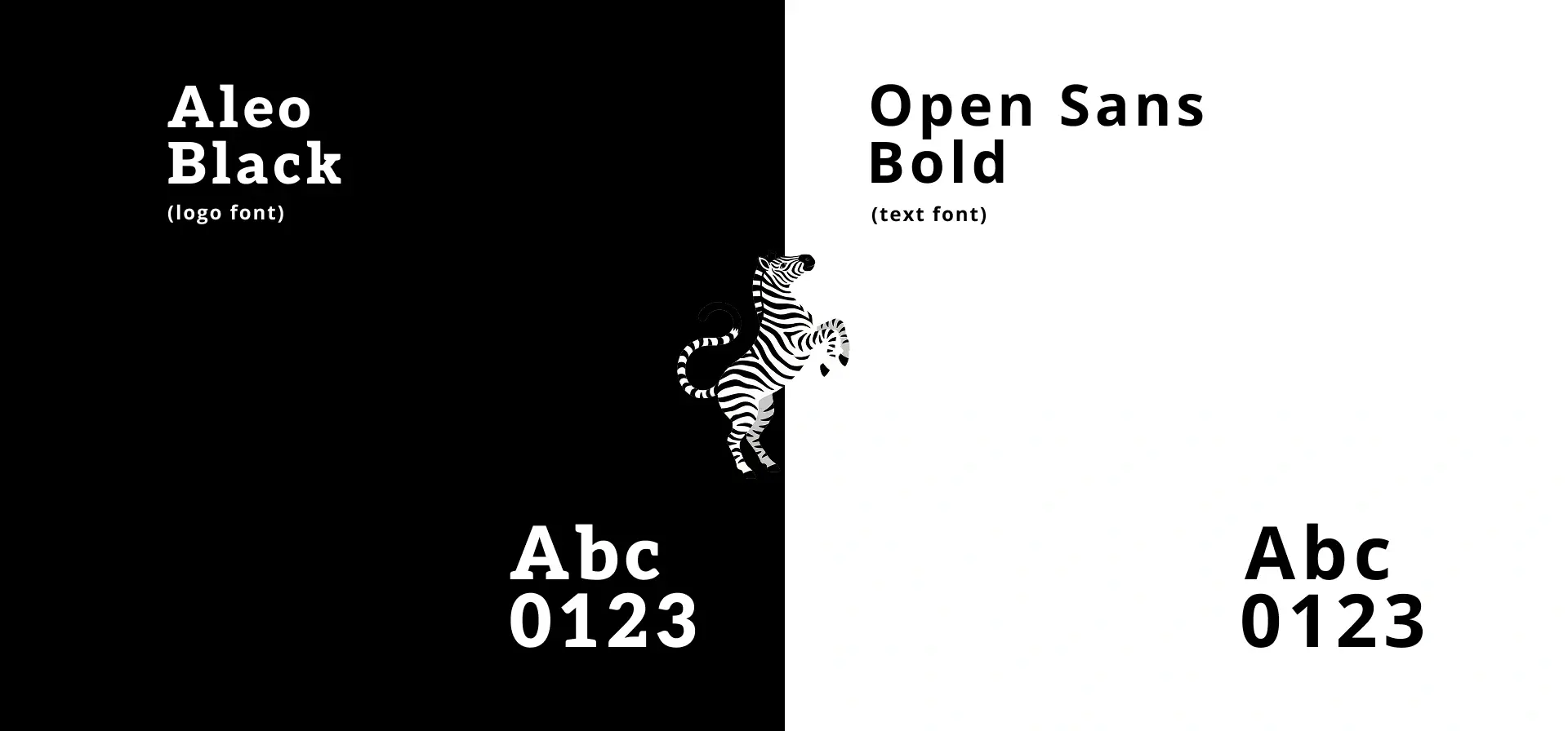 Type specimen for Aleo Black and Open Sans Bold, the typefaces used across the NALA identity, with the zebra mark