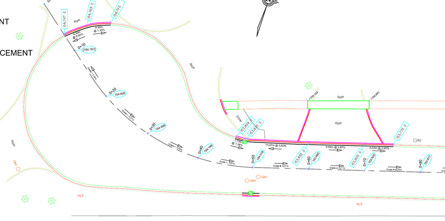 Grading plan of a road curve and cul-de-sac approach.