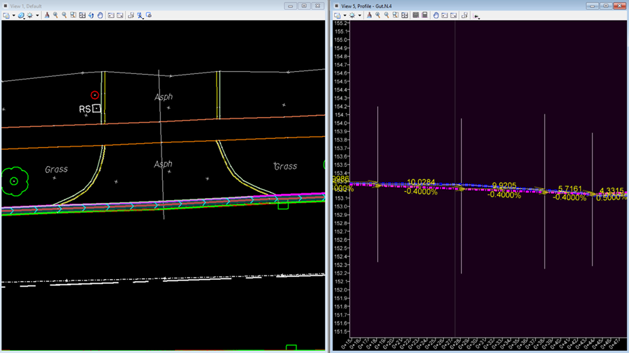 1-Civil design software screenshot showing a road plan view and its corresponding profile.