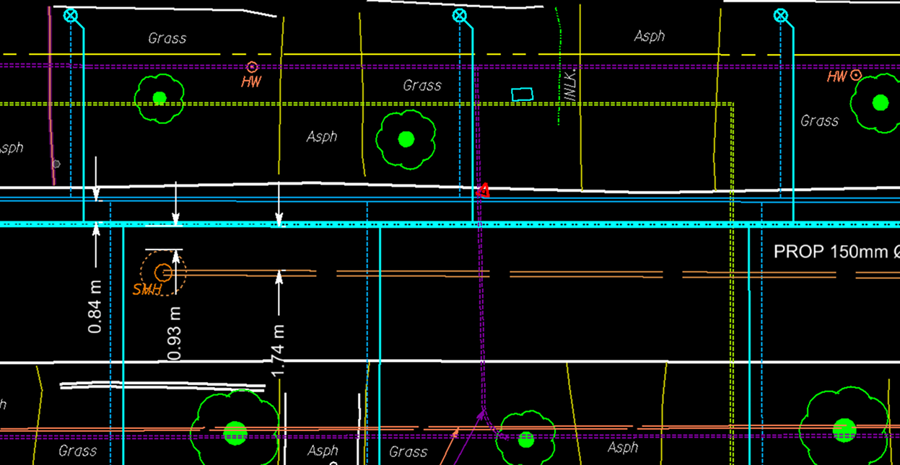 Plan view of a proposed watermain running along a grassed boulevard between residential lots.